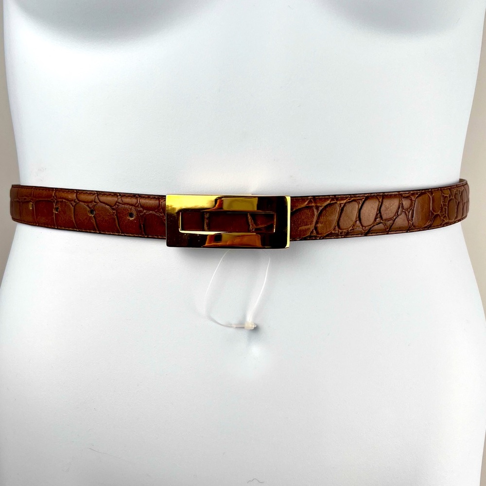 Vintage Embossed Croc Belt Size M Brown Genuine Leather Gold Tone Buckle